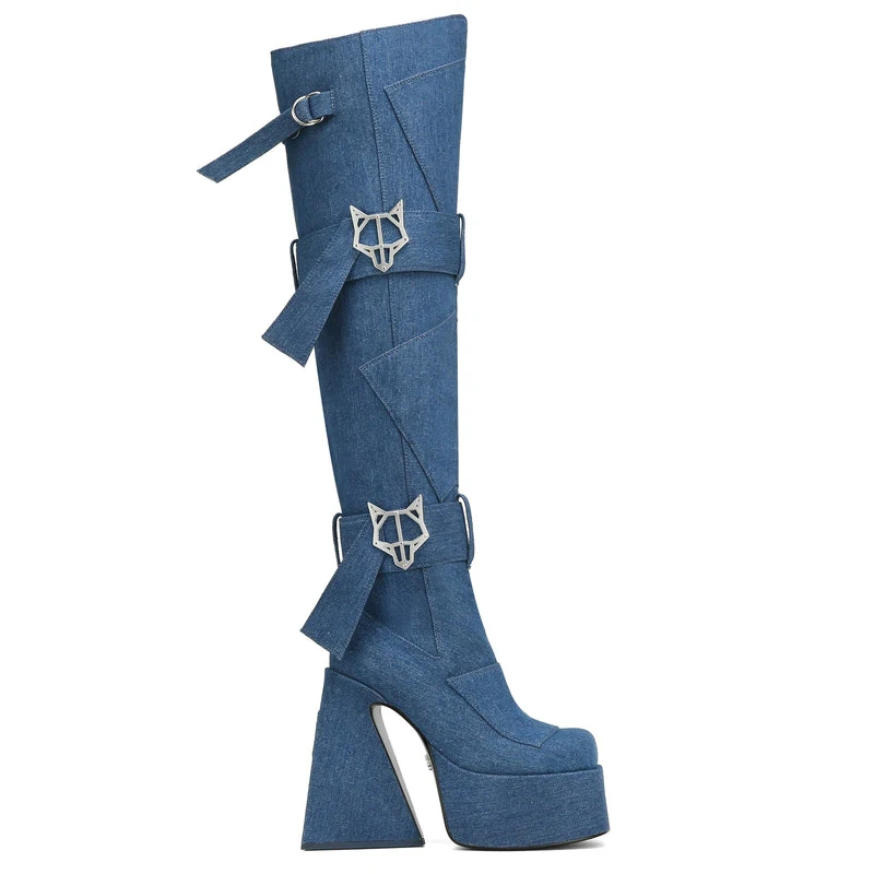 

New Punk Denim Splicing Women's Over The Knee Boots Autumn Belt Buckle Thick High Heel Platform Square Toe Party Shoes Big Size