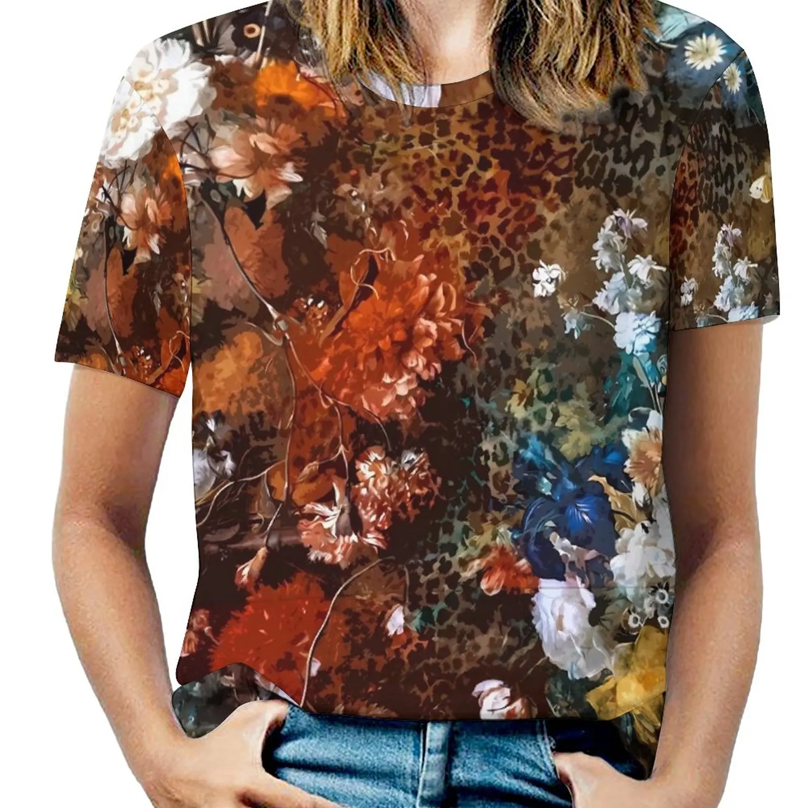 

Floral Leopard Print T-Shirts Bouquet Flowers Classic Oversized T-Shirt Short Sleeve Women Aesthetic Tee Shirt Beach Custom Tops