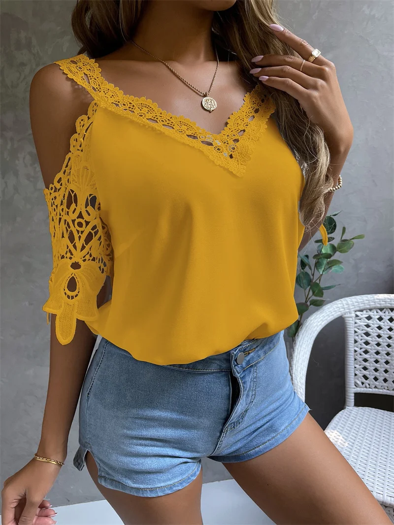 Элегантный кружевной свободный топ с V-образным вырезом Женский пуловер коротким