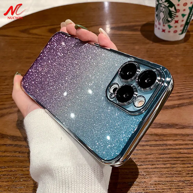

Luxury Gradient Glitter Plating Case for iPhone 11 12 13 14 Pro Max 14 Plus 13Pro 14Pro Max Transparent Silicone Lens Protector