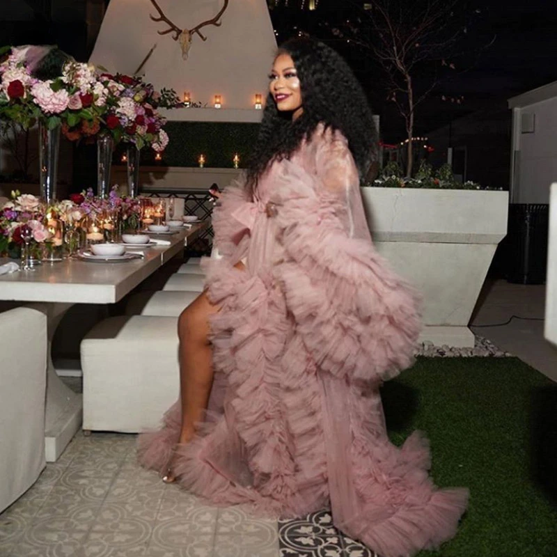 

Sexy Blush Pink See Thru Long Prom Dresses With Puff Full Sleeves Prom gowns Ruffles Tiered Pregnant Woman Long Robe