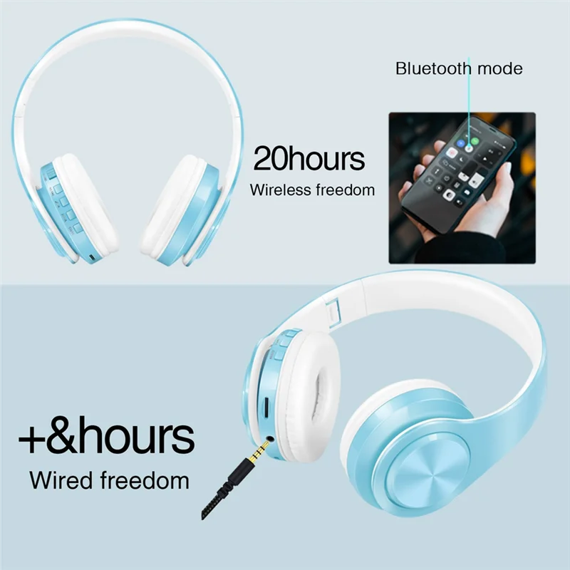 Фото -PQWN Новый стиль Беспроводные Bluetooth-наушники со стереофонической повязкой на голову Гарнитура FM MP3 Поддержка микрофона для мобильного планшета Macaron Blue Colo №5