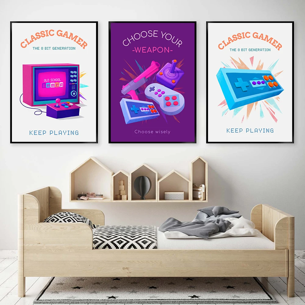 

Classic Gamer Canvas Painting Choose Your Weapon Gaming Letter Poster and Print Cartoon Play Room Boy Wall Art Decor Pictures