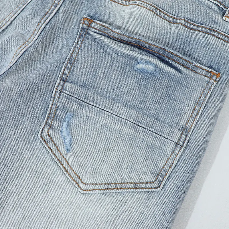 Street Fashion Men Jeans Retro Light Blue Stretch Skinny Fit Ripped Pink Leather Patched Designer Brand Hip Hop Pants