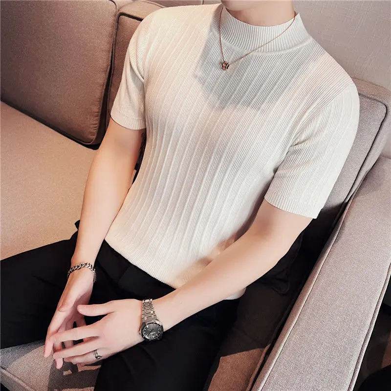 

2022 Summer New Fashion Clothing Men Casual Solid Color Knitted T-shirt Male Slim Fit Round Collar Short Sleeve T-shirts R22