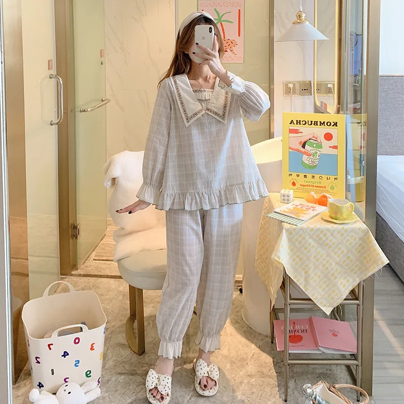 Летняя женская Милая пижама с длинным рукавом хлопковая сетчатая Дамская