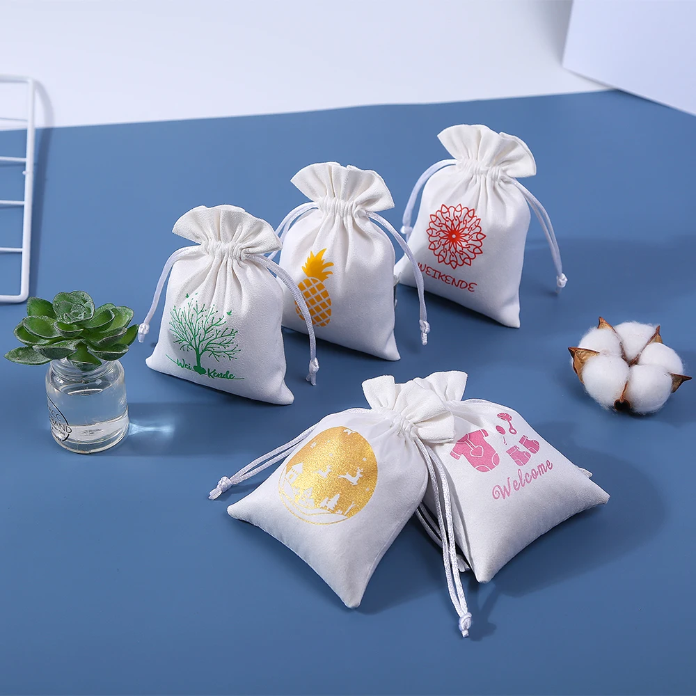 100pcs White Suede Velvet Jewelry Drawstring Bags Custom Jewellery Packaging small Pouch Personalized your Logo Premium Flannel
