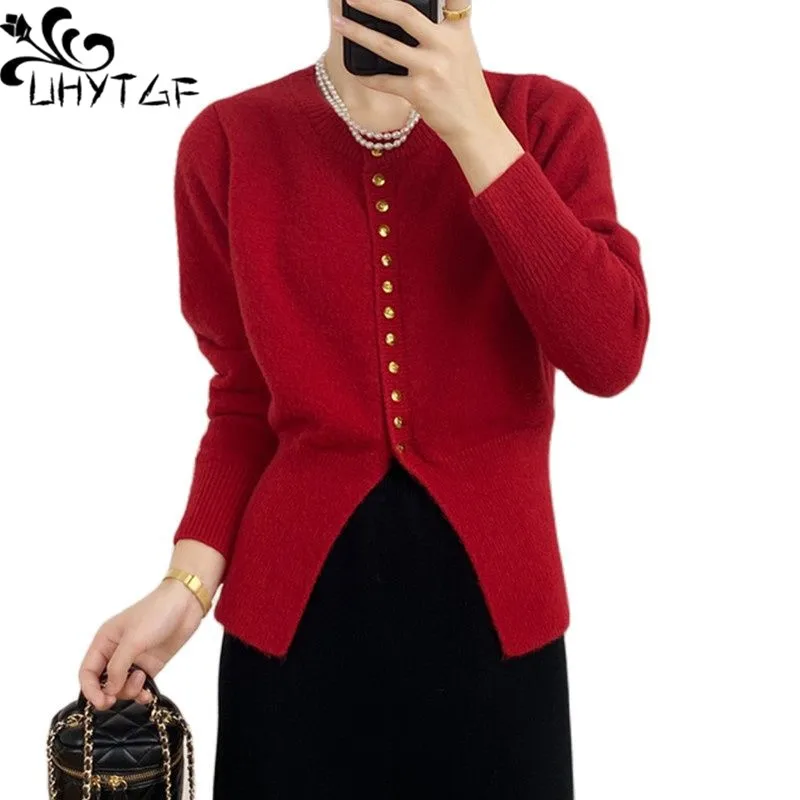 

UHYTGF New Knitted Cardigan Sweater Women's Coat O Neck Single-Breasted Slim Autumn Winter Sweaters Female Elegant Tops 2099