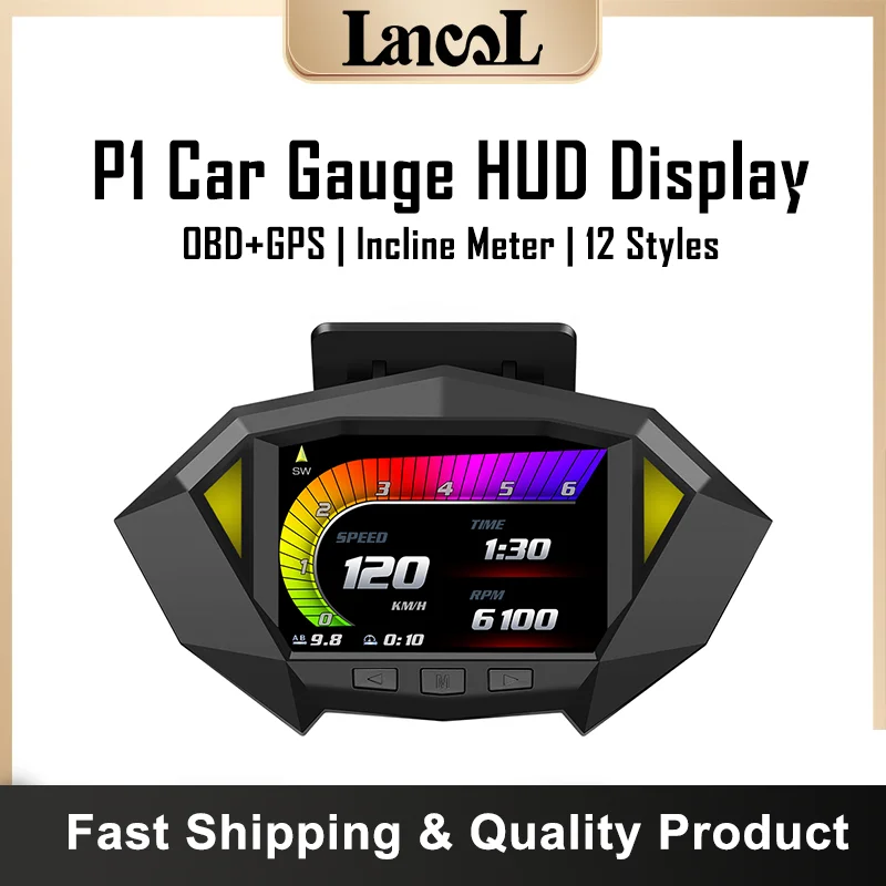 

P1 Car HUD Display OBD2 GPS Dual System Head Up Display Car Gauge Speedometer Incline Meter Car Driving Computer
