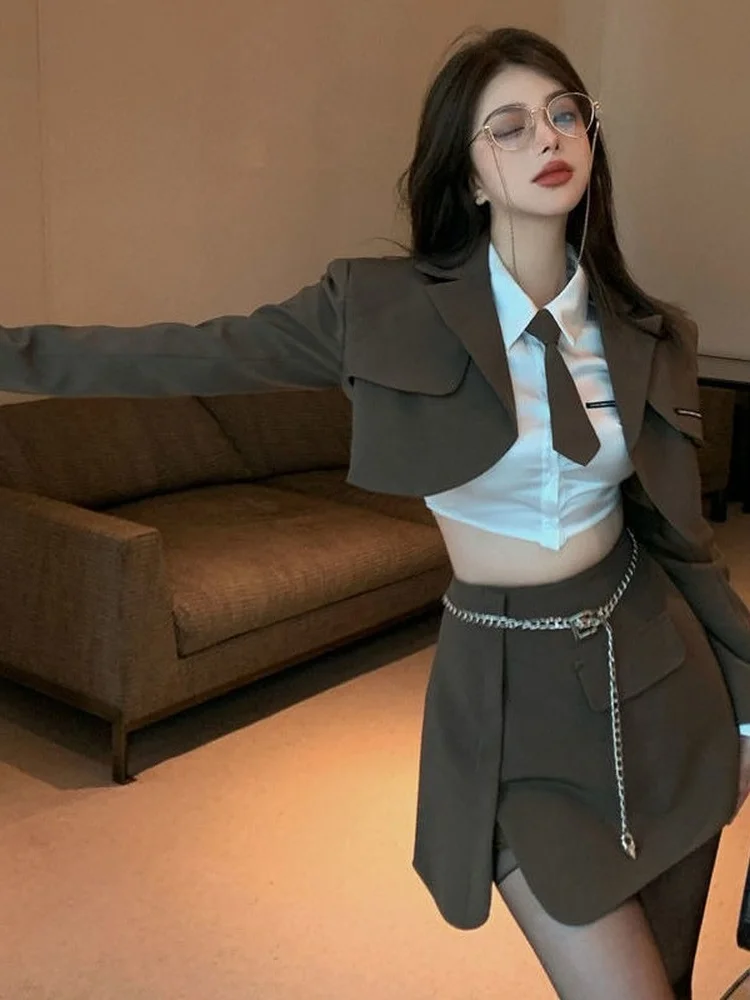 Женский костюм блейзер + юбка рубашка комплект из 3 предметов коричневые