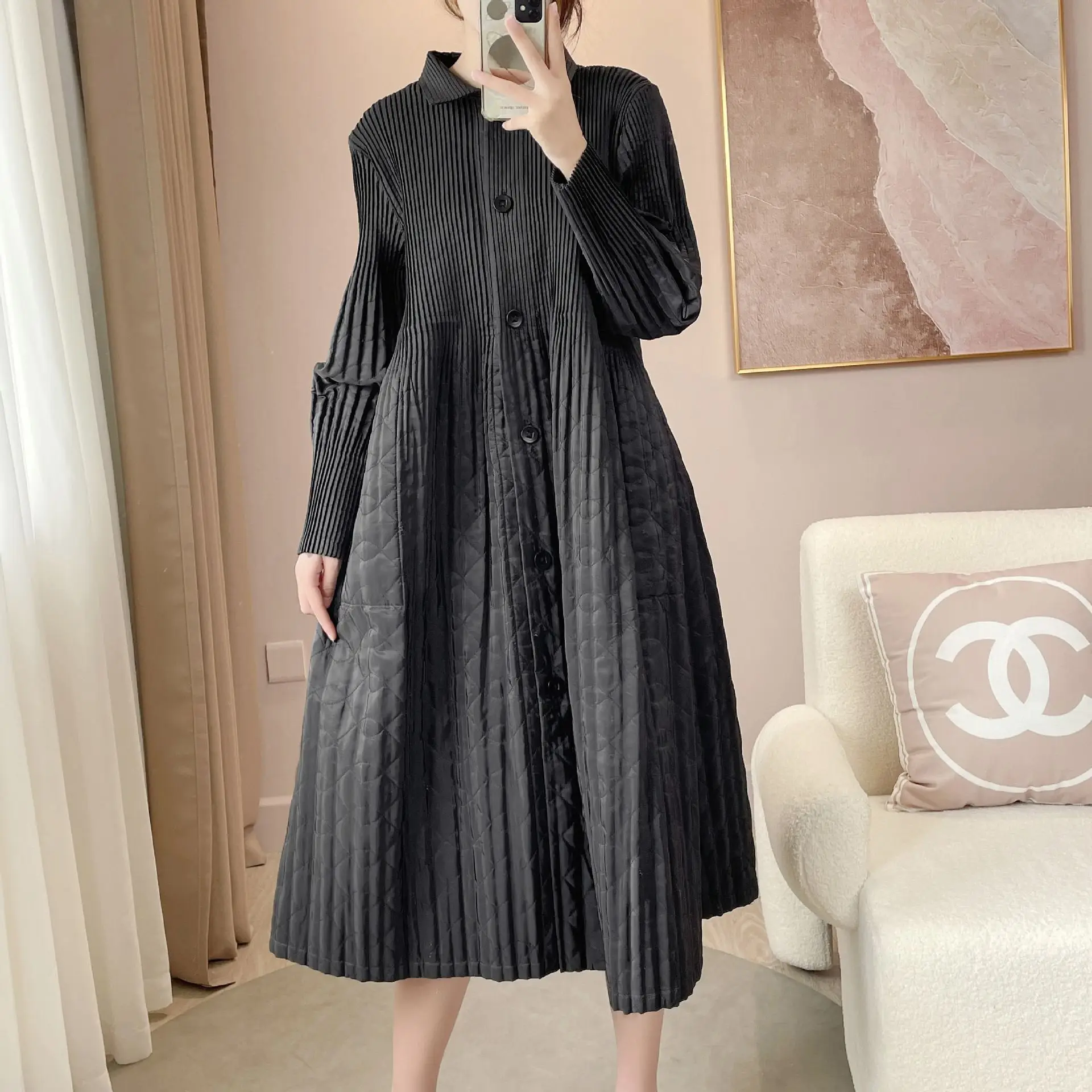 Pleated 2022 Autumn and Winter New Cotton Shirt Medium long trench coat  winter coat women  Casual  Pockets