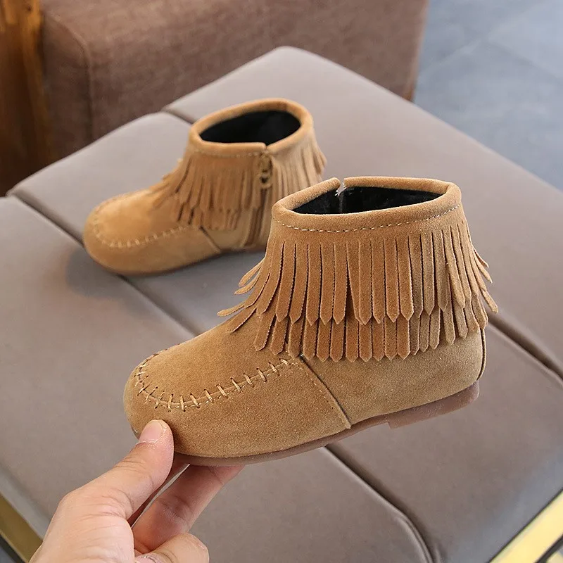 2022 Winter Girls Fringes Ankle Boots Flock Warm Rubber Boots Toddler Kids Cotton Padded Tassels Boots Red Pink Black Color