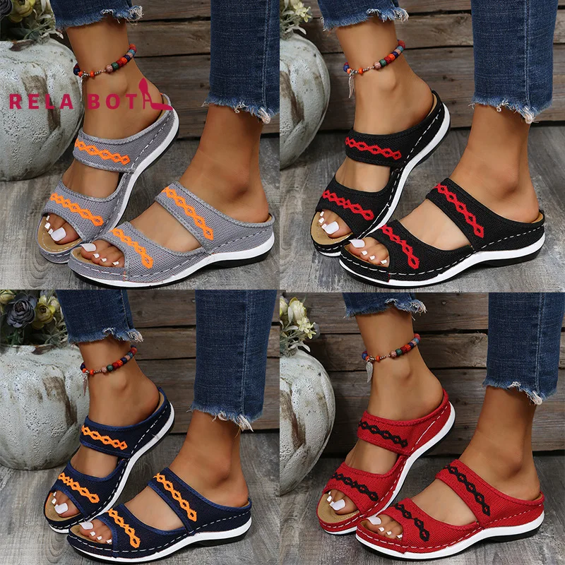 

Large Size Fish Mouth Mesh Geometric Embroidery Women's Knit Sandals Summer 2022 New Thick Soles Low Tops Sandal OpenToe Sandals