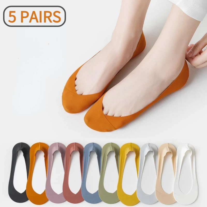 

5 Pairs/Lot Socks for Women Cotton Summer Invisible No Show Low Cut Short Thin Non-slip Silicone Breathable Shoes Black White