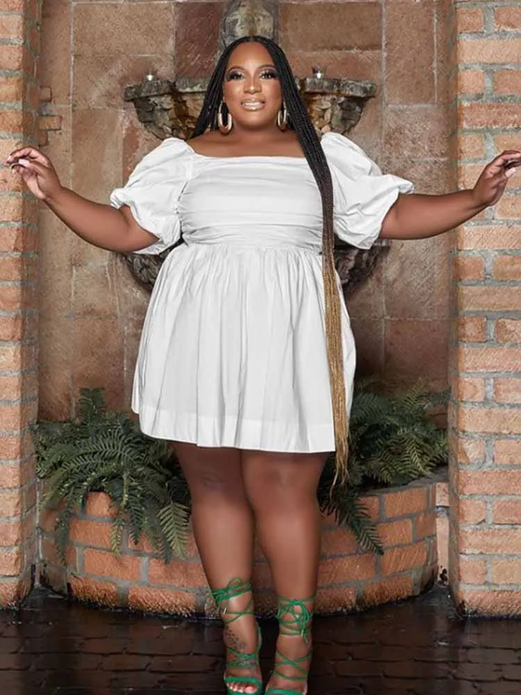 

Women Summer Dress Short Sweet Plus Size Dresses Square Neck Puff Sleeves Loose Pleated Dress Sexy Wholesale Bulk Dropshipping