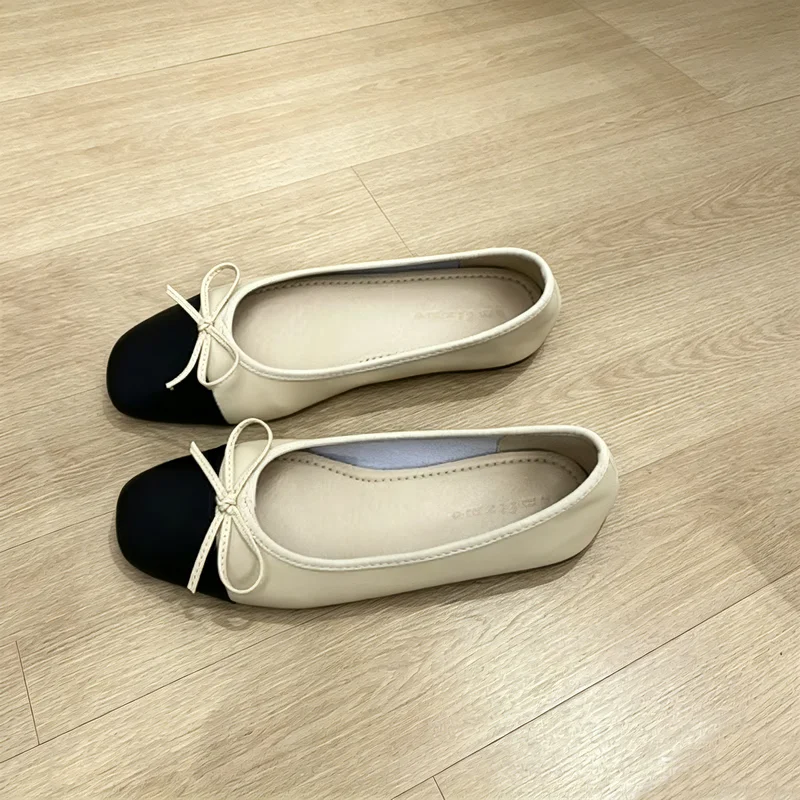 Фото Elegant Small Fragrance Women Flat Shoes Color Block Bowknot Square Toe Soft Leather Ballerina Slip On Casual Office Walking Shoes Zapatillas De Mujer №5