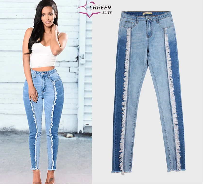 

New Fashion Fringe Slimming Jeans Women Sexy Color Collision High Skinny And Hip-enhancing Leggings Mom Pencil Jean