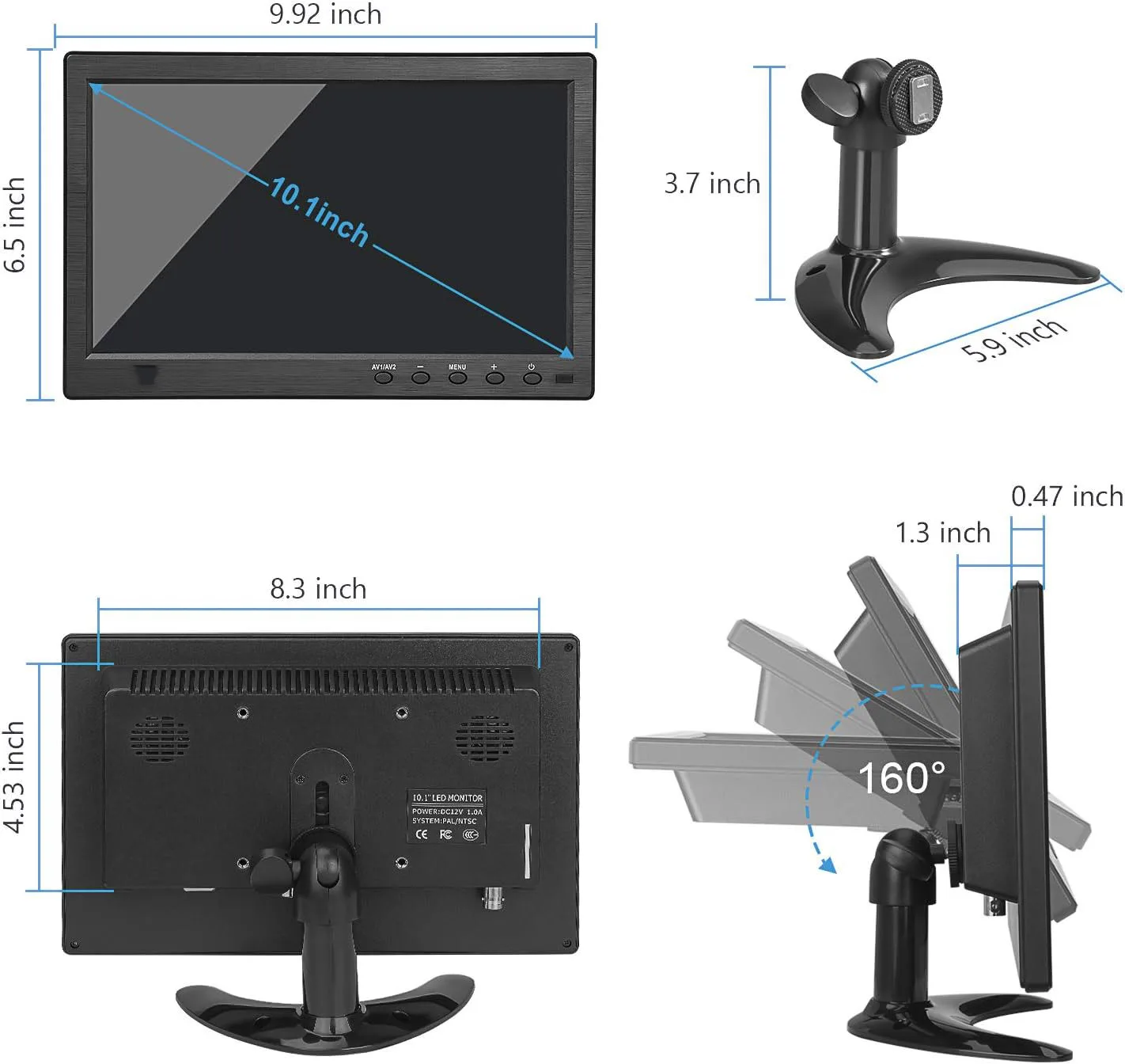 Фото Uvusee 10,1-дюймовый небольшой портативный IPS HDMI-монитор 1080P 1024x600 Встроенный динамик HDMI VGA AV BNC Вход для ПК Игры Камера видеонаблюдения №5