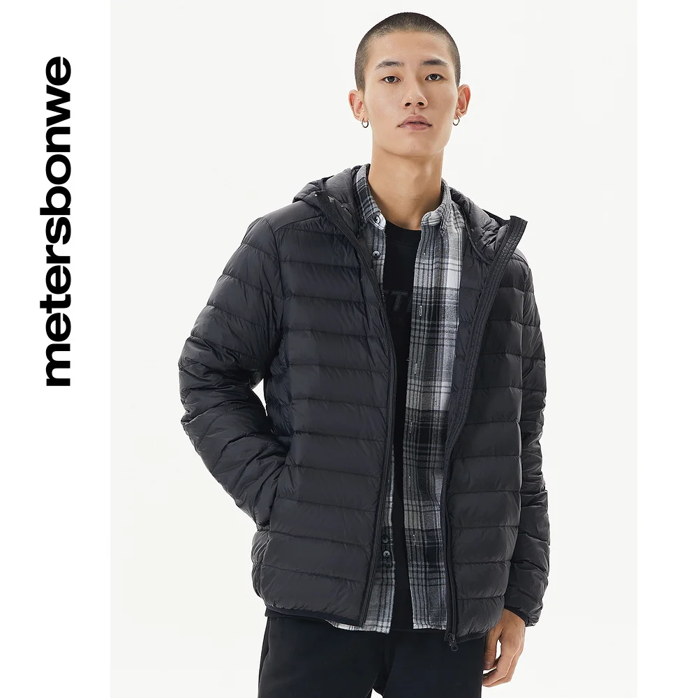 Metersbonwe Men's Solid Color Warm Down Jacket  With Hooded 90%Duck Down Ultra Light Thin Warm Wear Slim Short Winter Down Coat