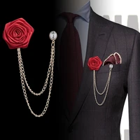 korean handmade fabric rose flower brooch crytal tassel chain lapel pin suit shirt corsage brooches for men wwomen accessories