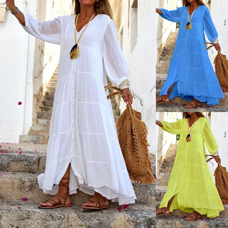 

Women Summer Autumn Bohemian Solid Color V-neck Loose Long-sleeved Cotton Linen Dresses Elegant Ladies Casual Solid Beach Dress