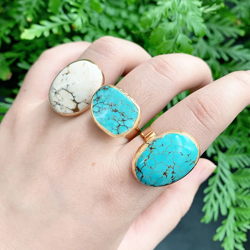 

Vintage Colorful Oval Natural Stone Ring For Women Men Handmade Adjustable Open Blue Turquoise Amethyst Statement Crystal Rings