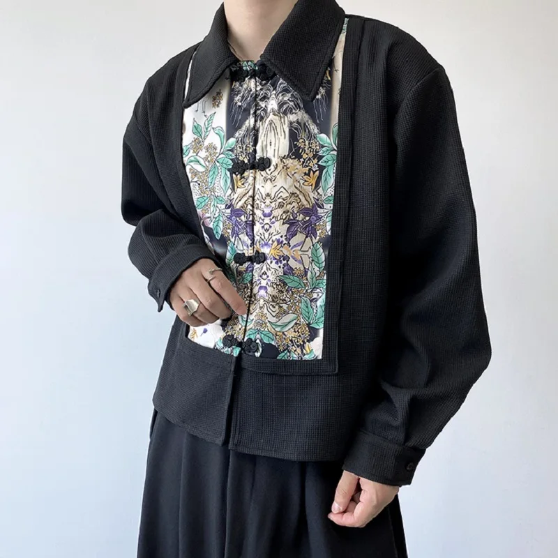 

Vintage Style Shirts Men Chinese Buckle Long Sleeve Blouse Male Niche Floral Turn Down Collar Top Korean Social Hippie Clothes