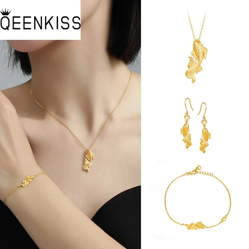 QEENKISS 24KT золотые Винтажные серьги + браслет ожерелье с карпом Koi свадебные подарки