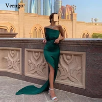 verngo simple green satin long prom dresses asymmetric neckline side slit sweep train women sexy party evening gowns 2022