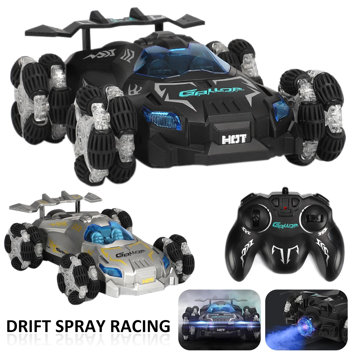 

RC Drift Racing Car with Spray Cool LED Light Jet RC Car Toy 2.4G 1200mAh Battery USB Rechargeable Jet Stunt Toy Gift for Kids