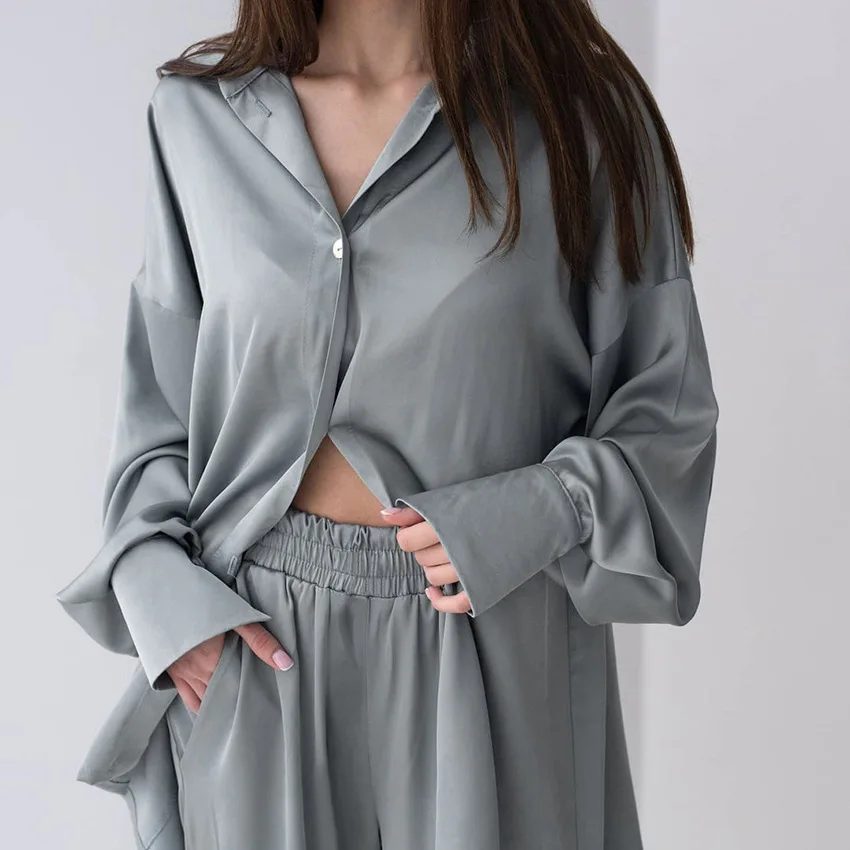 Turn Down Collar Women Pajamas Set 2-Pieces Set Spring Autumn Pj Set Sleepwear Homewear Satin Pyjamas Set