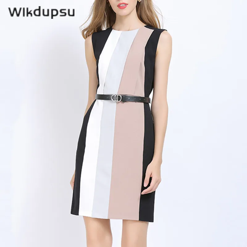 

Office Dresses For Women Professional 2022 Summer Sleeveless Patchwork Coperate Lady Luxury High Quality Formal Work Wear Dress