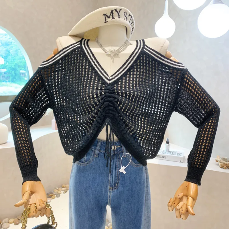 

Niche Design New Women 2022 Summer College Casual Hollow Out Knit Shirt Spice Girl Versatile Blouse Drawstring Sweater Top