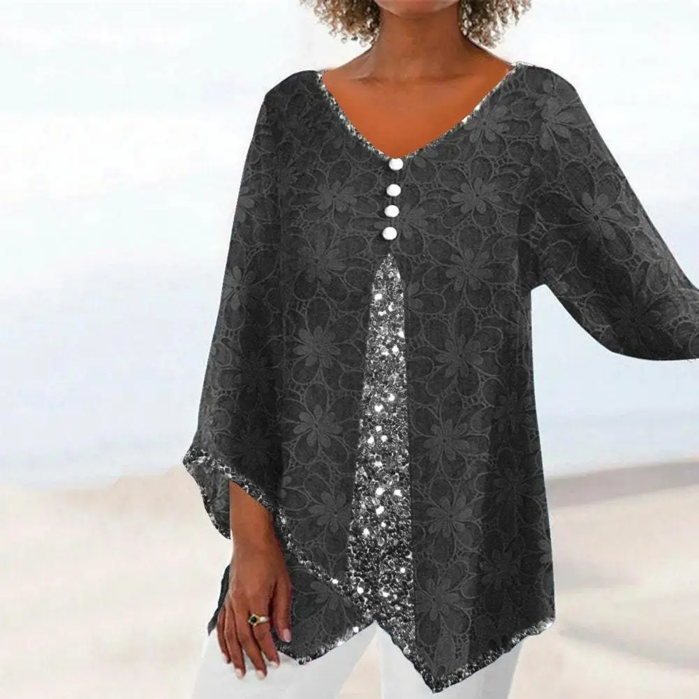 

Women Loose Blouse Floral Patchwork V-neck Blouses for Women Irregular Hem Long Sleeve Tops with Button Decor for Autumn Office