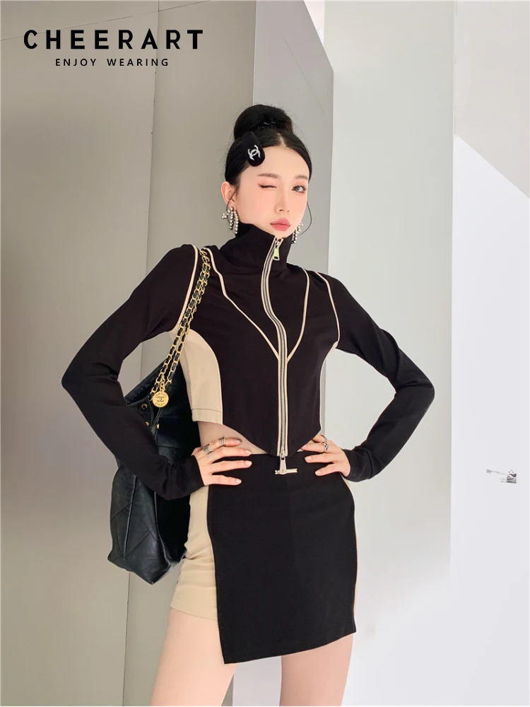 

CHEERART Y2k Skirt Two Piece Sets Womens Outifits Patchwork Black Bodycon Crop Top Tracksuit 2 Piece Sets Fall 2022 Fashion