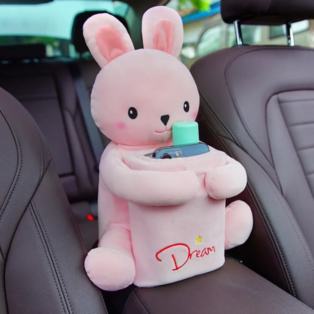 

2 in1 The New Cute Cartoon Car Tissue Box Creative Rabbit Short Plush Tissue Box Holder for Car Armrest Box Car garbage can