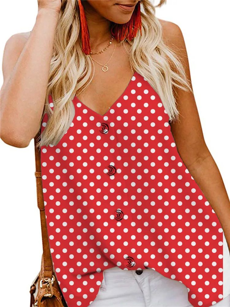 

NDUCJSI Female 2022 New Summer Sleeveless Buttons Decorate Camis Women Tank Tops Spaghetti Strap Polka Dot Backless Ladies