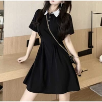 fashion women dress 2022 summer slim short sleeve waist students temperament college style a line black mini dress