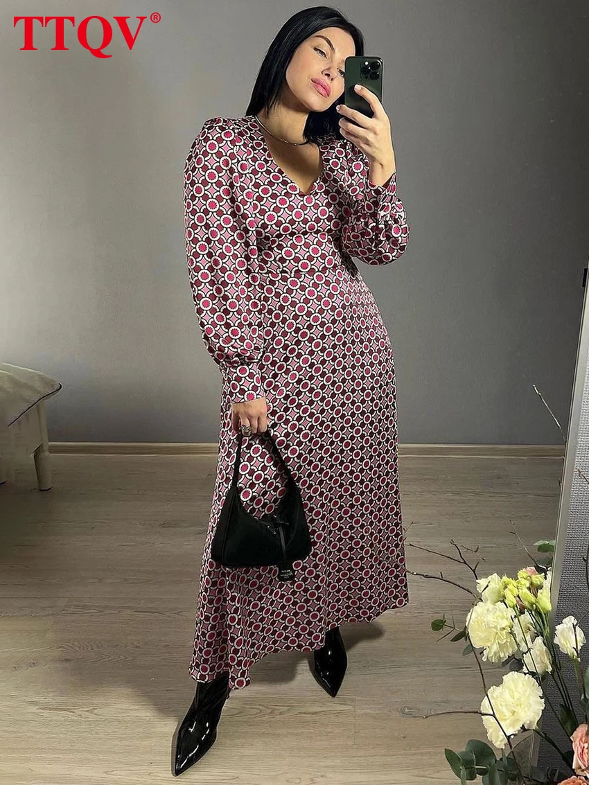 

TTQV Fashion Red Satin Women'S Dress 2023 Elegant Print Long Sleeve High Waisted Dresses Casual V-Neck Loose Midi Dresses Female