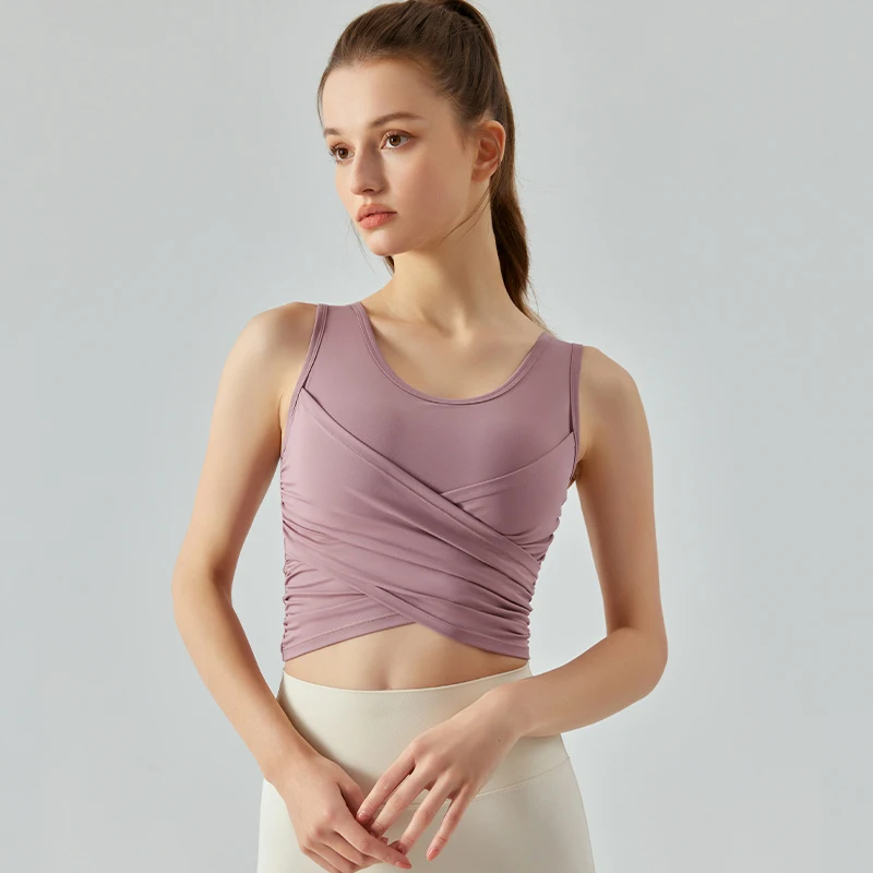 DANCEFISH 2023 Women Unique Cross Pleating Short Top Fixed Pads Daily Wear Sport Fitness Yoga Vest Bras