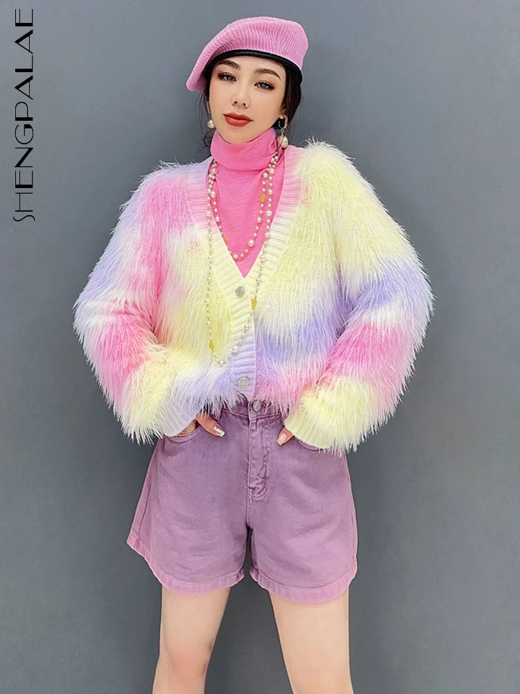 

SHENGPALAE Fashion Mohair Women Sweater Gradient Color Tassel Design V-neck Single Breasted Knit Cardigan Autumn 2023 New 5R6292