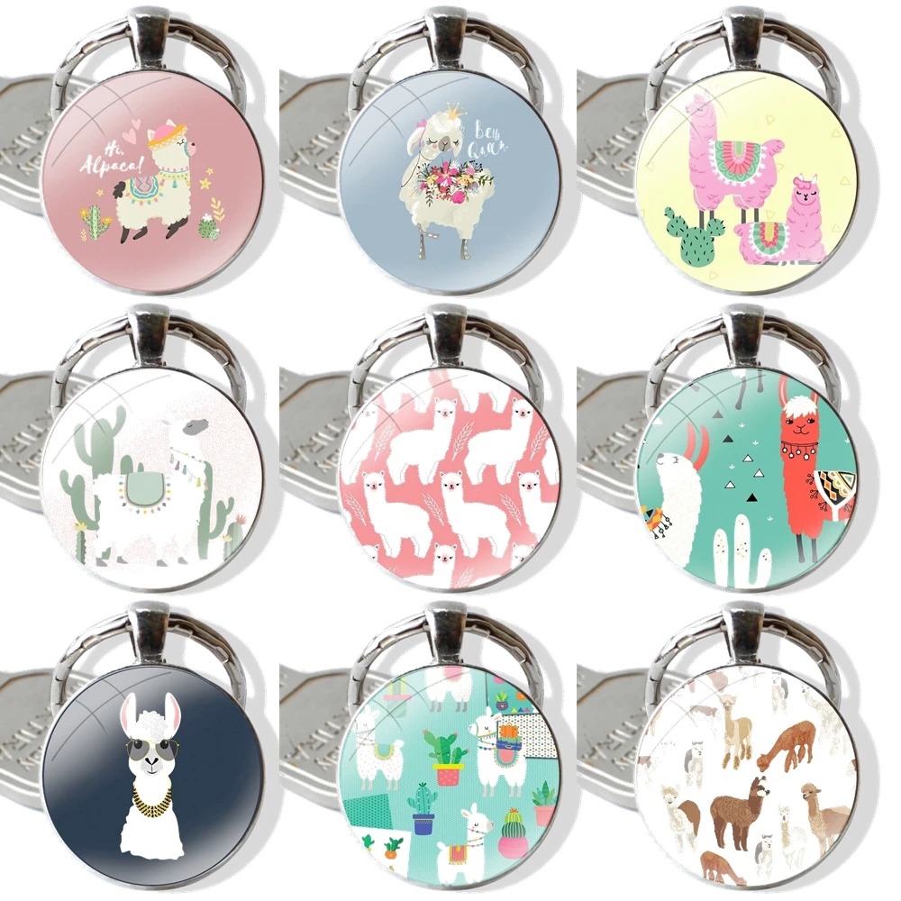 

Llama Lama Glama Alpaca Pendant Car Key Chains Handmade Glass Cabochon Keychain Cartoon Creative Design Fashion