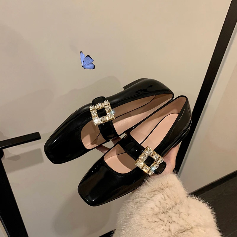 Square Toe High Heels Women's 2022 New Winter Black French Style Fleece-Lined Leather Rhinestone Chunky Heel Mary Jane Shoes