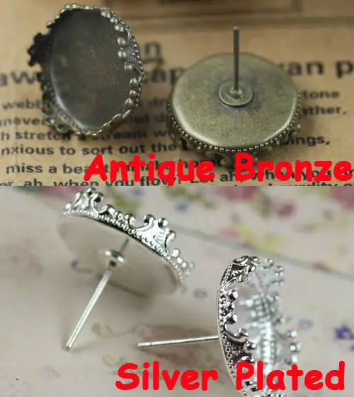 

20pcs 15mm Ear Needle Antique Bronze/Silver Plated Stud Earring Crown Edge Cameo Setting Tray for DIY Jewelry Making