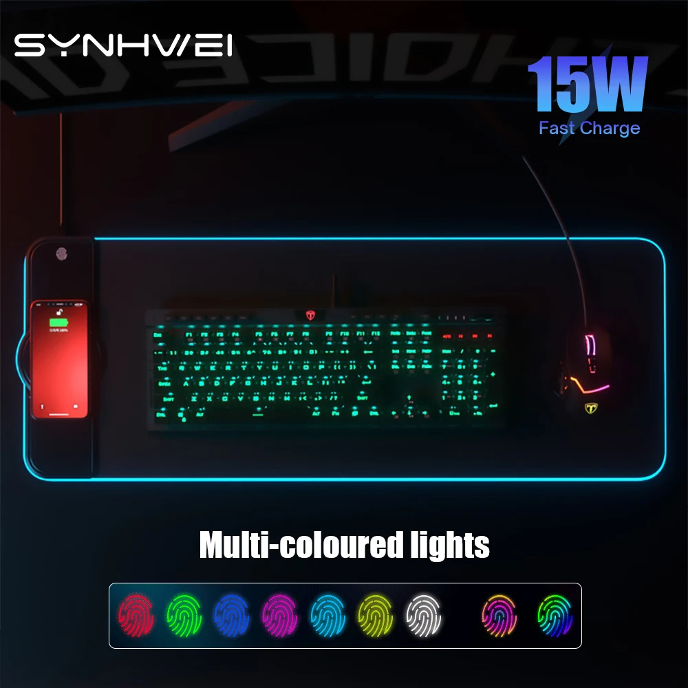 

15W Wireless Charging RGB Luminous Mouse Pad Charge for QI Phone XXL Gaming Mousepad Desktop PC Laptop Computer Plate Desk Mat