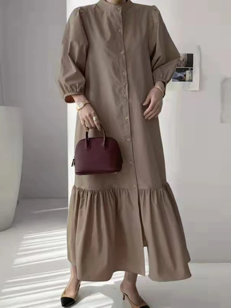 

Spring Autumn New Korean Fashion Stand Up Collar Dress Button Placket Cardigan Loose A-line Long Skirt Women's Clothing Dresses