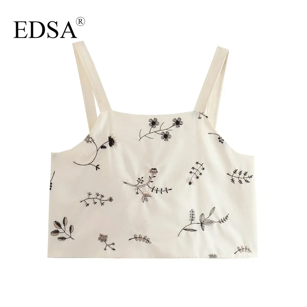 

EDSA Women Elegant Embroidered Cropped Blouse with Wide Straps Open Back Camisole Summer for Holiday Streetwear Tops