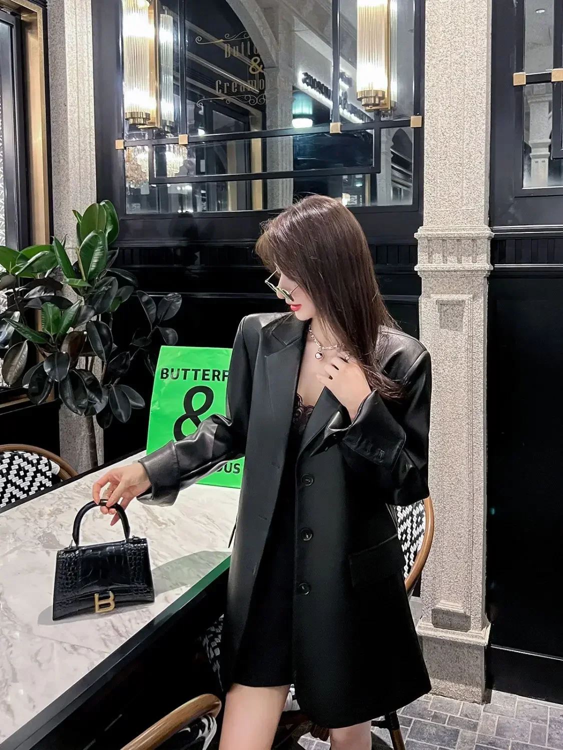 Черный женский пиджак из искусственной кожи весна-осень 202 новинка Senior Sense