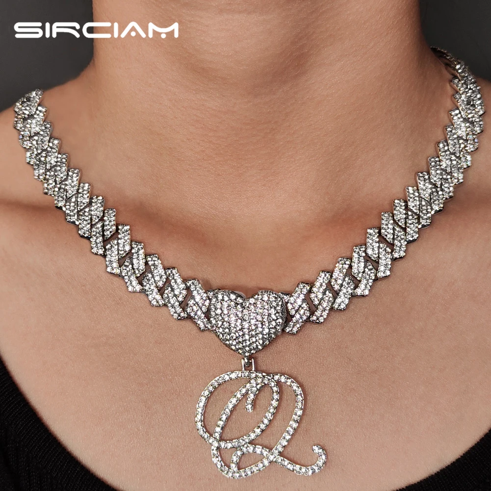 

Iced Out 14MM Miami Cuban Link Chain Necklaces For Women Men Bling Cursive 26 Initials Heart Pendant Necklace Punk Rock Jewelry