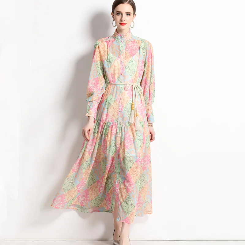 

Женское платье с длинным рукавом-фонариком, винтажное свободное платье контрастной расцветки с воротником-стойкой и принтом, Повседневная пляжная одежда для отдыха на весну и осень